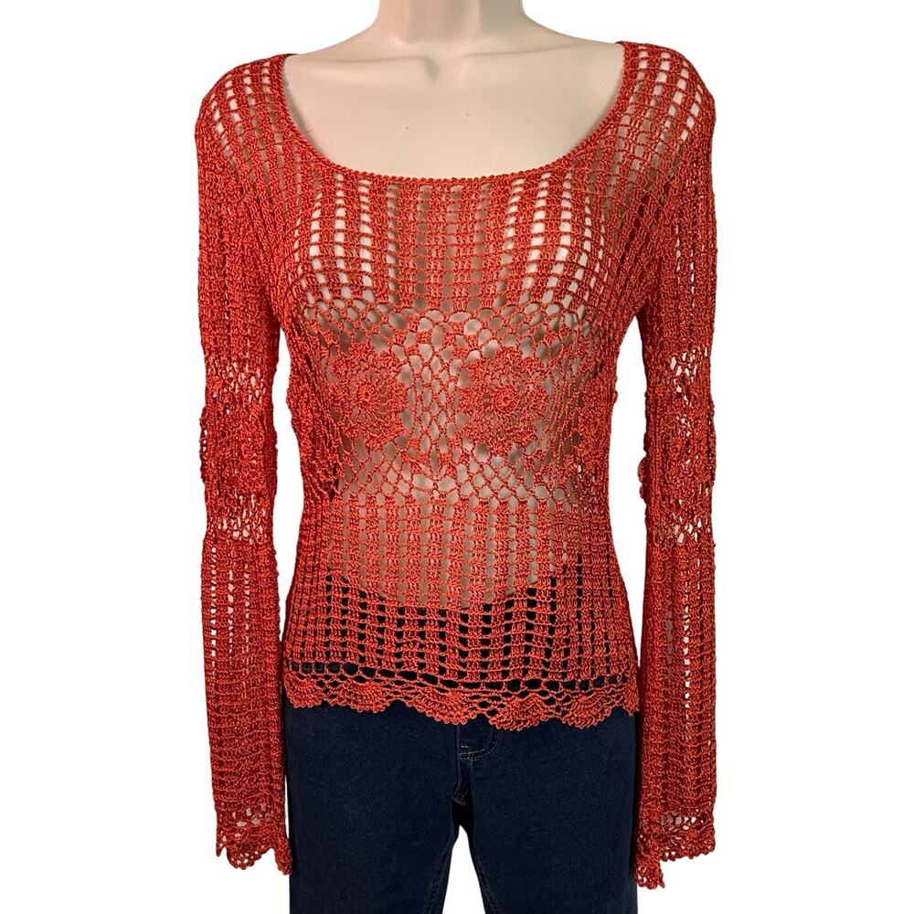 Bettie Paige Orange Crochet Long Sleeve Top Scoop neck - Picture 2 of 14